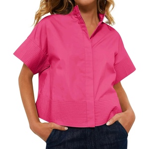 image:imageCicy Bell Womens Cropped Short Sleeve Button Down Shirts Pleated Summer Dressy Casual Blouse Stand Collar Loose Fit TopsRose Red