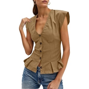 image:imageCicy Bell Womens Deep V Neck Vest Tops Cap Sleeve Cropped Ruffle Shirts Button Up Cotton Fitted Blouse