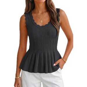 image:imageCicy Bell Womens Pleated Peplum Tank Tops Fitted Ribbed Knit Crew Neck Blouses Summer Sweater VestCute Black
