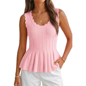 image:imageCicy Bell Womens Pleated Peplum Tank Tops Fitted Ribbed Knit Crew Neck Blouses Summer Sweater VestCute Pink