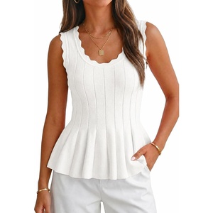 image:imageCicy Bell Womens Pleated Peplum Tank Tops Fitted Ribbed Knit Crew Neck Blouses Summer Sweater VestCute White