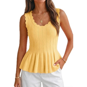 image:imageCicy Bell Womens Pleated Peplum Tank Tops Fitted Ribbed Knit Crew Neck Blouses Summer Sweater VestCute Yellow