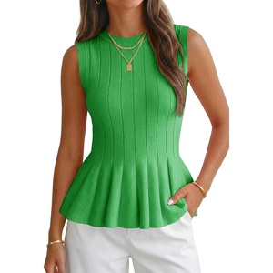 image:imageCicy Bell Womens Pleated Peplum Tank Tops Fitted Ribbed Knit Crew Neck Blouses Summer Sweater VestGreen