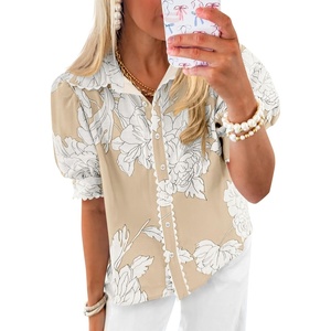 image:imageCicy Bell Womens Puff Sleeve Button Down Shirts Floral Print Summer Casual Tops Boho Loose Fit Collared BlouseKhaki