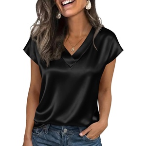 image:imageCicy Bell Womens Satin Cap Short Sleeve Blouses Casual V Neck Tops Summer Dressy Business Work Silky ShirtsBlack