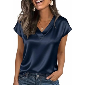 image:imageCicy Bell Womens Satin Cap Short Sleeve Blouses Casual V Neck Tops Summer Dressy Business Work Silky ShirtsNavy