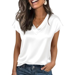 image:imageCicy Bell Womens Satin Cap Short Sleeve Blouses Casual V Neck Tops Summer Dressy Business Work Silky ShirtsWhite
