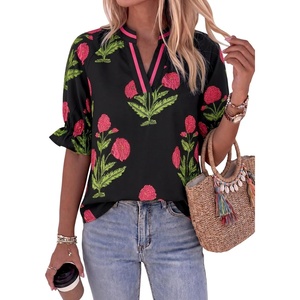 image:imageCicy Bell Womens Summer Floral Blouses Puff Ruffle Sleeve V Neck Boho Shirts Dressy Casual Flowy Blouse TopsBlack