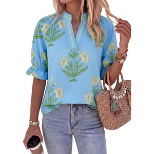 image:imageCicy Bell Womens Summer Floral Blouses Puff Ruffle Sleeve V Neck Boho Shirts Dressy Casual Flowy Blouse TopsBlue