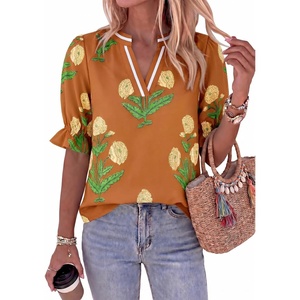 image:imageCicy Bell Womens Summer Floral Blouses Puff Ruffle Sleeve V Neck Boho Shirts Dressy Casual Flowy Blouse TopsBrown