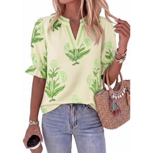 image:imageCicy Bell Womens Summer Floral Blouses Puff Ruffle Sleeve V Neck Boho Shirts Dressy Casual Flowy Blouse TopsCyanblue