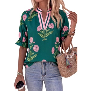image:imageCicy Bell Womens Summer Floral Blouses Puff Ruffle Sleeve V Neck Boho Shirts Dressy Casual Flowy Blouse TopsDeep Green
