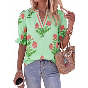 image:imageCicy Bell Womens Summer Floral Blouses Puff Ruffle Sleeve V Neck Boho Shirts Dressy Casual Flowy Blouse TopsLight Green