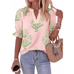 image:imageCicy Bell Womens Summer Floral Blouses Puff Ruffle Sleeve V Neck Boho Shirts Dressy Casual Flowy Blouse TopsLight Pink
