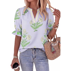 image:imageCicy Bell Womens Summer Floral Blouses Puff Ruffle Sleeve V Neck Boho Shirts Dressy Casual Flowy Blouse TopsLight Purple