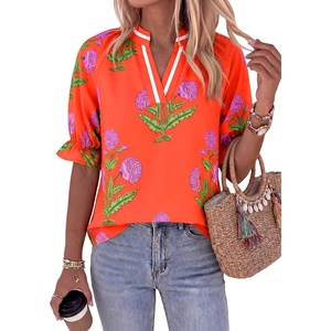 image:imageCicy Bell Womens Summer Floral Blouses Puff Ruffle Sleeve V Neck Boho Shirts Dressy Casual Flowy Blouse TopsOrange
