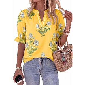 image:imageCicy Bell Womens Summer Floral Blouses Puff Ruffle Sleeve V Neck Boho Shirts Dressy Casual Flowy Blouse TopsYellow