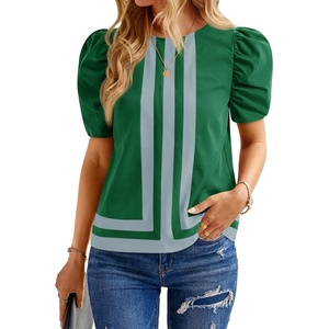 image:imageCicy Bell Womens Summer Puff Sleeve Blouses Striped Color Block Cropped Tops Casual Round Neck Shirts Green