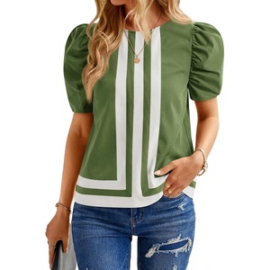 image:imageCicy Bell Womens Summer Puff Sleeve Blouses Striped Color Block Cropped Tops Casual Round Neck ShirtsArmy Green