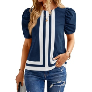 image:imageCicy Bell Womens Summer Puff Sleeve Blouses Striped Color Block Cropped Tops Casual Round Neck ShirtsNavy