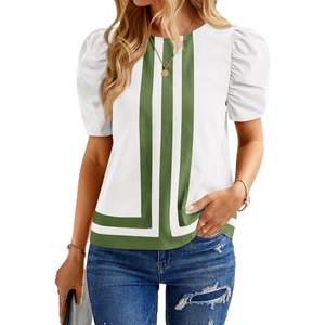 image:imageCicy Bell Womens Summer Puff Sleeve Blouses Striped Color Block Cropped Tops Casual Round Neck ShirtsWhite
