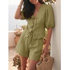 image:imageCicy Bell Womens Summer 2 Piece Short Sets Puff Short Sleeve V Neck Bow Tie Front Tops Wide Leg Shorts Pajamas Matching SetsArmy Green