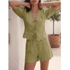 image:imageCicy Bell Womens Summer 2 Piece Short Sets Puff Short Sleeve V Neck Bow Tie Front Tops Wide Leg Shorts Pajamas Matching SetsArmy Green