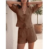 image:imageCicy Bell Womens Summer 2 Piece Short Sets Puff Short Sleeve V Neck Bow Tie Front Tops Wide Leg Shorts Pajamas Matching SetsBrown