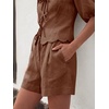 image:imageCicy Bell Womens Summer 2 Piece Short Sets Puff Short Sleeve V Neck Bow Tie Front Tops Wide Leg Shorts Pajamas Matching SetsBrown