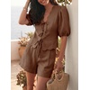 image:imageCicy Bell Womens Summer 2 Piece Short Sets Puff Short Sleeve V Neck Bow Tie Front Tops Wide Leg Shorts Pajamas Matching SetsBrown