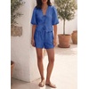 image:imageCicy Bell Womens Summer 2 Piece Short Sets Puff Short Sleeve V Neck Bow Tie Front Tops Wide Leg Shorts Pajamas Matching SetsRoyal Blue