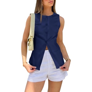 image:imageCicy Bell Womens Round Neck Waistcoat Vest Summer Button up Vest Tops Casual Business Fitted Sleeveless Blazer