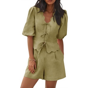 image:imageCicy Bell Womens Summer 2 Piece Short Sets Puff Short Sleeve V Neck Bow Tie Front Tops Wide Leg Shorts Pajamas Matching SetsArmy Green