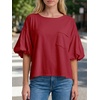 image:imageCicy Bell Womens Puff Sleeve Tops Crew Neck Drop Shoulder Pocket TShirt Summer Casual Tees Loose Fit BlouseBurgundy