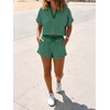 image:imageCicy Bell Womens Striped 2 Piece Short Sets Summer Short Sleeve Collared V Neck Cropped Tops Vacation Casual Lounge OutfitsDark Green