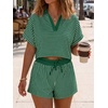 image:imageCicy Bell Womens Striped 2 Piece Short Sets Summer Short Sleeve Collared V Neck Cropped Tops Vacation Casual Lounge OutfitsDark Green