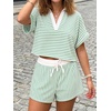 image:imageCicy Bell Womens Striped 2 Piece Short Sets Summer Short Sleeve Collared V Neck Cropped Tops Vacation Casual Lounge OutfitsLight Green