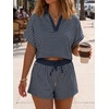 image:imageCicy Bell Womens Striped 2 Piece Short Sets Summer Short Sleeve Collared V Neck Cropped Tops Vacation Casual Lounge OutfitsNavy