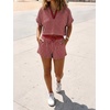 image:imageCicy Bell Womens Striped 2 Piece Short Sets Summer Short Sleeve Collared V Neck Cropped Tops Vacation Casual Lounge OutfitsWine Red