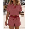 image:imageCicy Bell Womens Striped 2 Piece Short Sets Summer Short Sleeve Collared V Neck Cropped Tops Vacation Casual Lounge OutfitsWine Red
