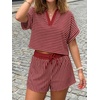image:imageCicy Bell Womens Striped 2 Piece Short Sets Summer Short Sleeve Collared V Neck Cropped Tops Vacation Casual Lounge OutfitsWine Red