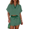 image:imageCicy Bell Womens Striped 2 Piece Short Sets Summer Short Sleeve Collared V Neck Cropped Tops Vacation Casual Lounge OutfitsDark Green