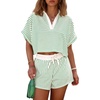 image:imageCicy Bell Womens Striped 2 Piece Short Sets Summer Short Sleeve Collared V Neck Cropped Tops Vacation Casual Lounge OutfitsLight Green