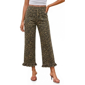 image:imageCicy Bell Womens Cropped High Waisted Jeans Baggy Wide Leg Stretchy Capris Ruffle Flare Denim Pants with PocketsLeopard