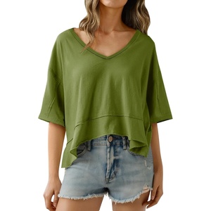 image:imageCicy Bell Womens Oversized Crop TShirts Summer V Neck Short Sleeve Tops Casual Loose Fit Curved Hem Boxy Tee ShirtArmy Green