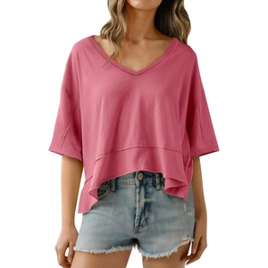image:imageCicy Bell Womens Oversized Crop TShirts Summer V Neck Short Sleeve Tops Casual Loose Fit Curved Hem Boxy Tee ShirtBean Paste