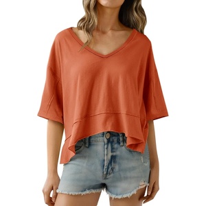 image:imageCicy Bell Womens Oversized Crop TShirts Summer V Neck Short Sleeve Tops Casual Loose Fit Curved Hem Boxy Tee ShirtBrick Red