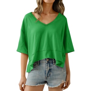 image:imageCicy Bell Womens Oversized Crop TShirts Summer V Neck Short Sleeve Tops Casual Loose Fit Curved Hem Boxy Tee ShirtGreen
