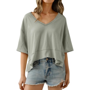 image:imageCicy Bell Womens Oversized Crop TShirts Summer V Neck Short Sleeve Tops Casual Loose Fit Curved Hem Boxy Tee ShirtGrey