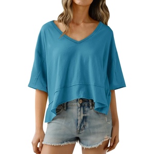 image:imageCicy Bell Womens Oversized Crop TShirts Summer V Neck Short Sleeve Tops Casual Loose Fit Curved Hem Boxy Tee ShirtLake Blue